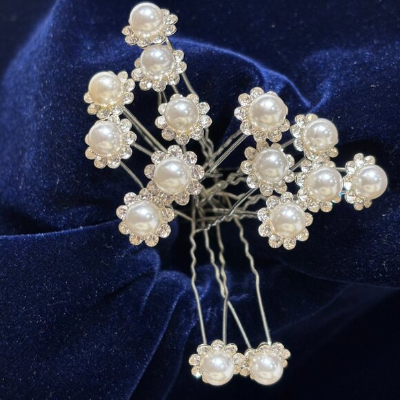 Pearl & Rhinestone Floret Silver Color Metal Hairpins set of 15 - Picture 5 of 11